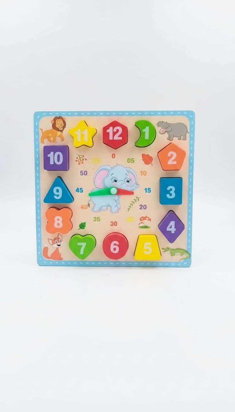 Wooden Educational Elephant Clock – Montessori Shape Sorter & Time Learning Toy for Toddlers