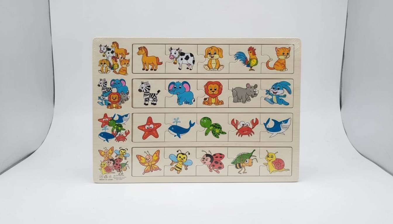 Wooden Animal Classification Puzzle – Montessori Categorization Board for Toddlers (Farm, Jungle, Sea & Insects)