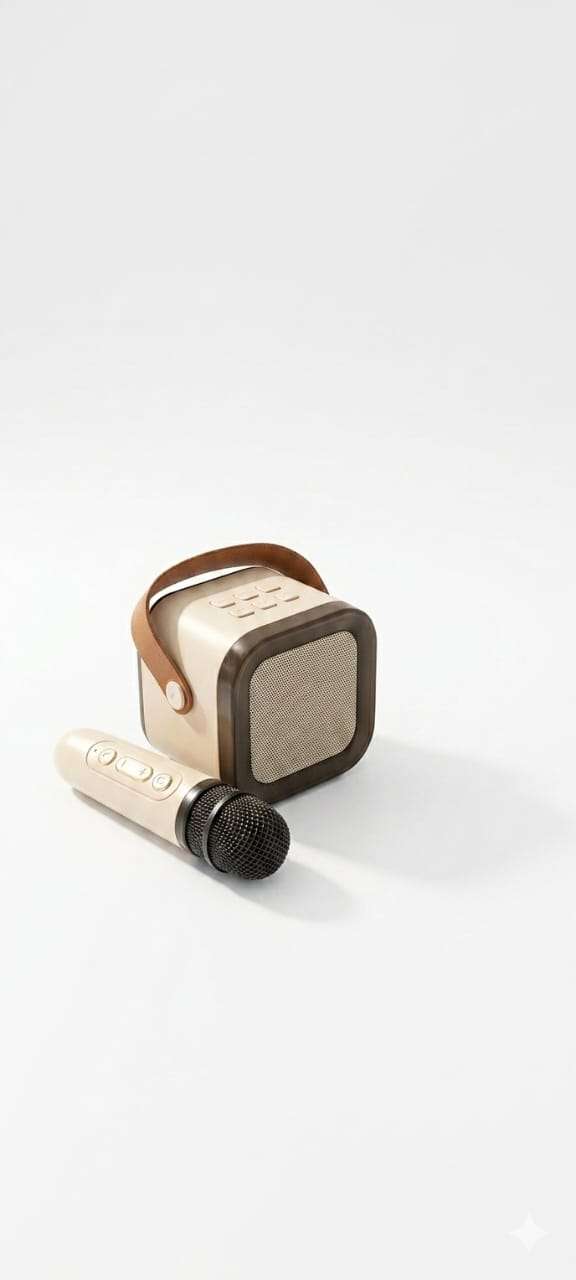 Vintage Retro Mini Karaoke Machine – Portable Bluetooth Speaker with Wireless Microphone – Cream & Walnut