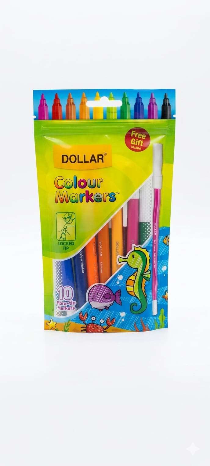 Dollar Colour Markers Set of 10 – Locked Tip Fibre-Tip Pens with Free Gift